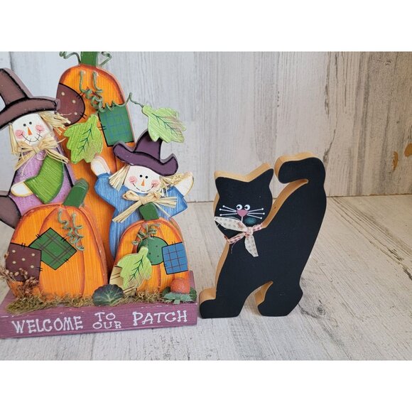 Wooden scarecrow patch black cat Halloween home decor set - Picture 3 of 5